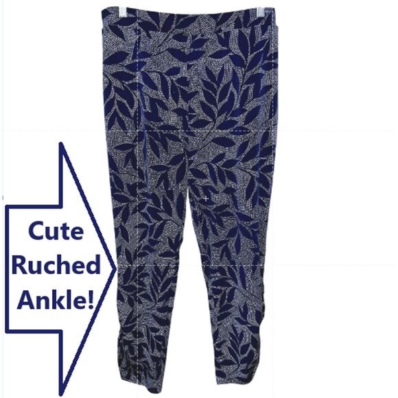 Susan Graver Pants Medium Liquid Knit Ruched Ankle Navy Floral Leaf Print 10 12 - Picture 1 of 10